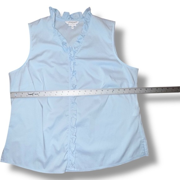 FOXCROFT Gwen Ruffle Non-Iron Stretch Button-Up Sleeveless Shirt Blue Whisper 18 - Picture 8 of 12